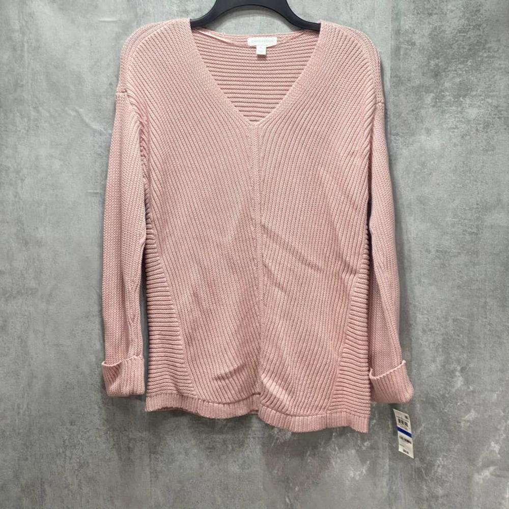 Charter Club Pink V-Neck Cuffed Sleeve Textured